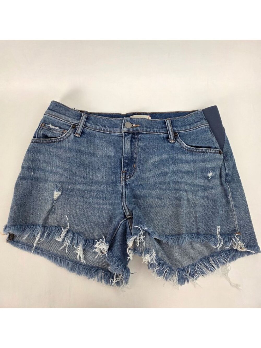 Hatch Distressed Maternity Denim Jean Shorts Frayed Hem Side Panels Size 27 - Picture 2 of 15